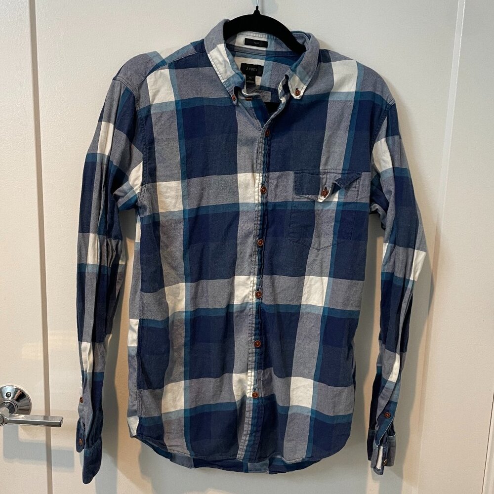 J Crew Slim Fit Button Down Shirt Navy Blue Plaid - Medium